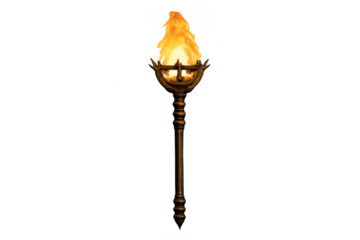 Hand holding a burning torch, an antique bronze medieval staff, bringing light and illumination, on a transparent background