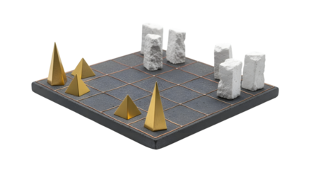 A unique board game with golden pyramids and white towers, isolated on transparent background