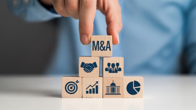 Business mergers and acquisitions concept. Share acquisition, asset business acquisition, amalgamation. Business review and development model. The abbreviation M and A on smart background, copy space.
