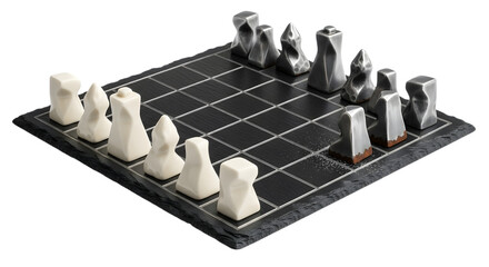 Artistic chess set isolated on transparent background featuring unique piece designs
