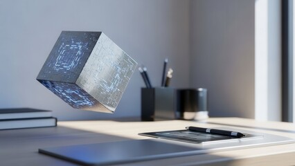 Floating futuristic cube with glowing circuits on a desk, digital art