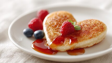 Plate of pancakes with a heart shape and raspberries on top. Valentines day.