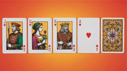 playing cards hearts jack queen king ace joker on orange background