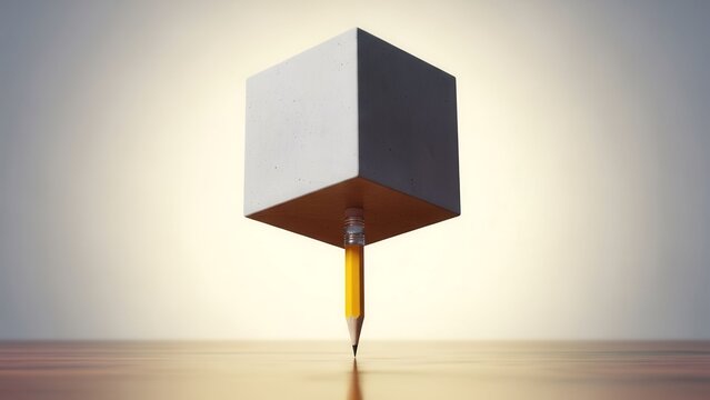 Conceptual image of a floating cube balanced on a pencil tip, representing ideas and creativity