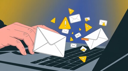 Hands typing on a laptop with warning email icons, representing phishing attacks, scam messages, and email security threats in a digital communication concept.
