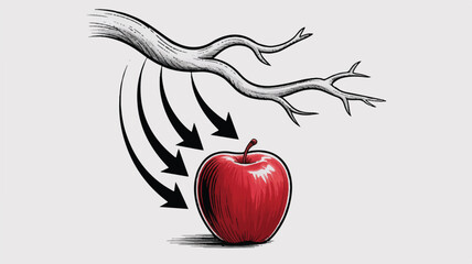 Red apple with tree branch and arrows pointing to it falling down