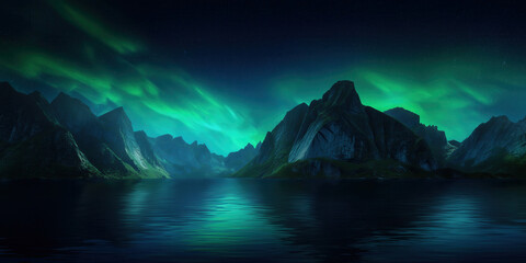 mountains rise over still dark waters beneath a starry sky, illuminated by vivid green auroras dancing across the northern night in a breathtaking arctic scene