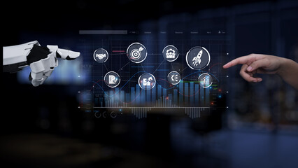 A robot hand interacts with a digital interface featuring graphs and icons, symbolizing innovation in technology and its impact on modern business and analytics. Synapse