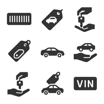 Car sale icons set: handing keys, car tags, vin barcode.