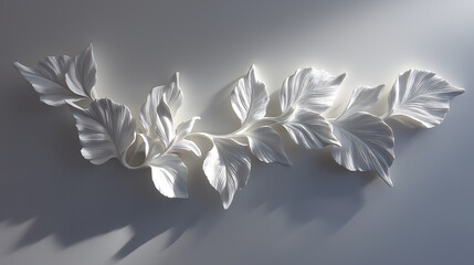 A beautiful silver leaf sculpture casting shadows on a gray wall , color of the year 2026, cloud dancer