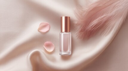 Bottle of perfume is on a table with a pink feather and a pink flower. Valentines day.