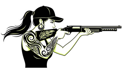 Tattooed woman aiming shotgun with confident stance © Thamseer