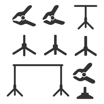 Photography equipment icons set: clamps and stands collection.