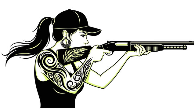 Tattooed woman aiming shotgun with confident stance