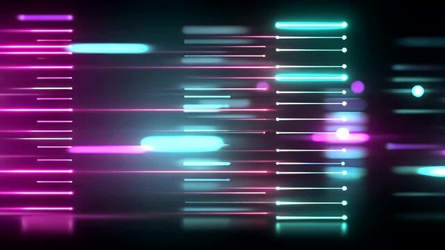 Abstract neon glowing bars and lights with blurred, geometric, horizontal motion