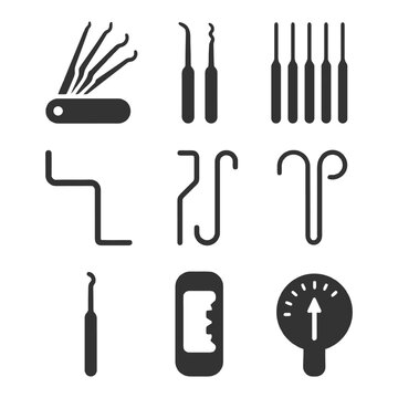 Lock picking tools set: picks, tension wrenches, and key extractors collection.