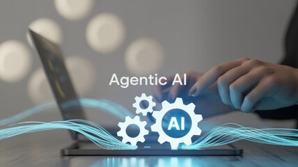 Agentic AI technology concept with coding and digital gears. Artificial intelligence automation, machine learning, and futuristic innovation for business solutions