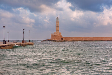 Historic Venetian Lighthouse at the entrance of the Old Harbor in Chania, Crete, Greece