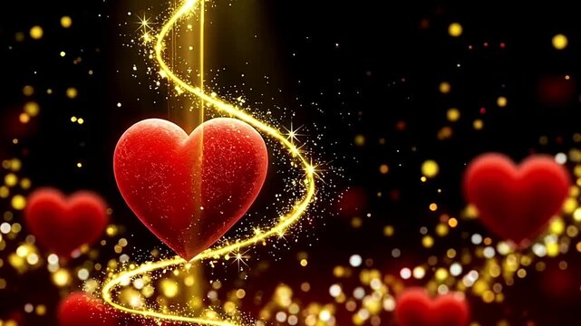 Romantic glowing hearts with golden spiral light effect