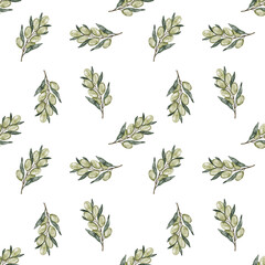 Watercolor pattern of green olives and olive oil branches.