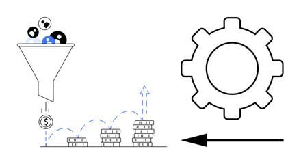 Obraz premium Revenue generation. Funnel processes user data into financial growth steps showing revenue generation while a gear workflow automation. For business, marketing, data processing, technology