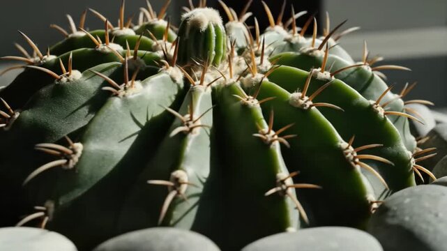 Cactus Harmony Sunlight Play Showcasing Succulent Detail And Stony Base In Natural Indoor Lighting