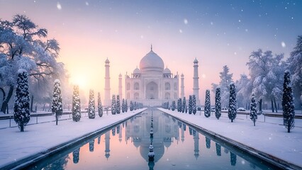 Surreal winter landscape of Taj Mahal with frozen reflection pool and snow