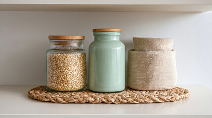 Minimalist kitchen shelf with glass jars containing grains and a ceramic container alongside a woven basket on a braided placemat