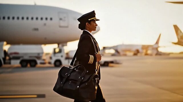 A female pilot in uniform walks across an airport tarmac with a duffel bag, ready for her flight.