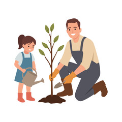 Father and Daughter Gardening and Planting Tree. Flat vector illustration isolated on white background