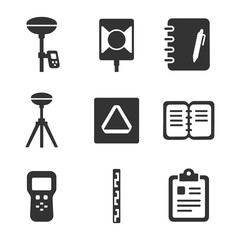 Survey equipment icons set: gnss, total station, theodolite, tripod, level rod, notebook, clipboard.