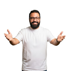 Fototapeta premium Man with arms outstretched smiling isolated on transparent background