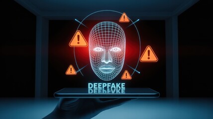 Warning concept of deepfake technology and facial recognition misuse, showing cybersecurity threats, digital identity fraud, and the risks of AI-generated face manipulation in online systems.