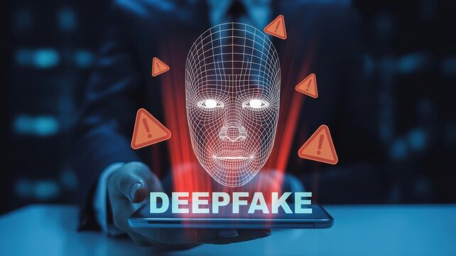 Warning concept of deepfake technology and facial recognition misuse, showing cybersecurity threats, digital identity fraud, and the risks of AI-generated face manipulation in online systems. - Powered by Adobe