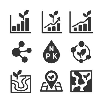 Icons illustrating sustainable farming with growth charts and nature elements.