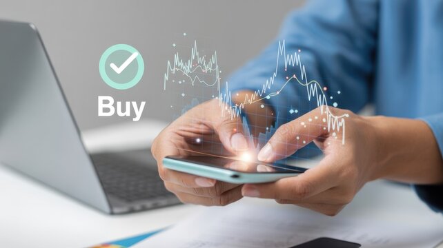 Investor using smartphone with cryptocurrency trends, buy sell trading signals, digital investment, and fintech technology for global financial growth.  - Powered by Adobe