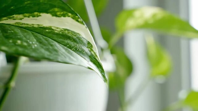Captivating Close Up Of A Pothos Plant Leaf On A Sunny Day Near The Window Sill