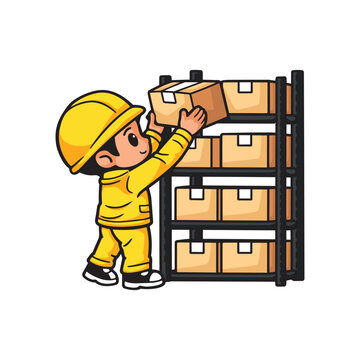 Cute Warehouse Worker Organizing Boxes on Storage Rack Vector Illustration