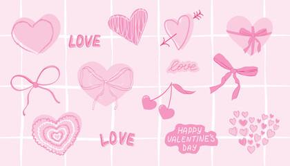 Vector set of hand drawn doodle Valentines day date illustrations. Set of outline crayon cute bouquet, heart shape sunglasses, rose, balloons, amour arrow, candles isolated on white background.