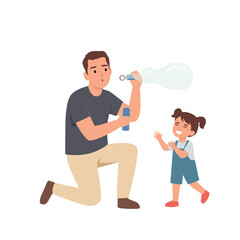 Father Playing with Daughter Blowing Soap Bubbles. Flat vector illustration isolated on white background