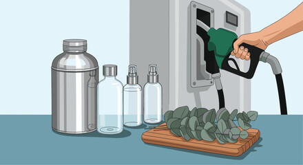 Hand holding a gas pump nozzle at a modern biofuel station next to glass bottles and a wooden tray with eucalyptus leaves.