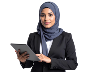 Confident Businesswoman in Hijab Holding Tablet, isolated on a transparent background.