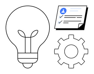 Lightbulb for ideas, checklist for planning, and gear symbolizing processes. Ideal for innovation, productivity, organization, workflow, planning creativity teamwork. A simple flat metaphor