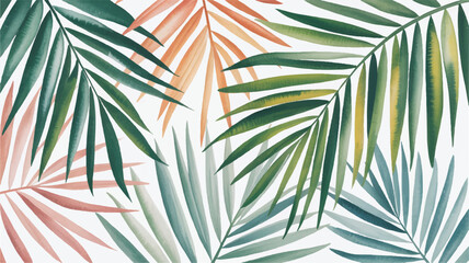 Tropical palm leaves in various shades of green and orange on white