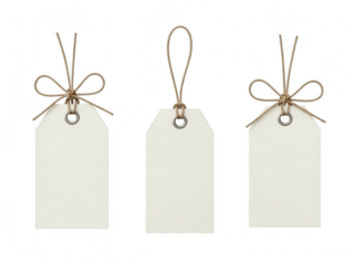 Simple white tags with twine bows isolated on transparent background