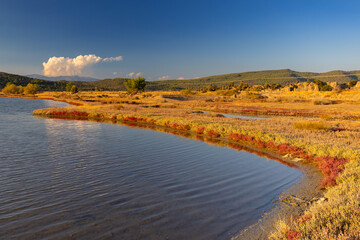 A picturesque seaside landscape at sunset with calm water, lush vegetation and mountains under a...