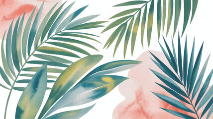 Tropical palm leaves on white background with pink watercolor spots