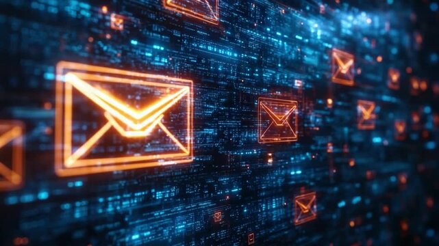 Digital Communication: Envision a symphony of data streams, where illuminated email icons dance against a backdrop of complex binary code, embodying the dynamic nature of online messaging.
