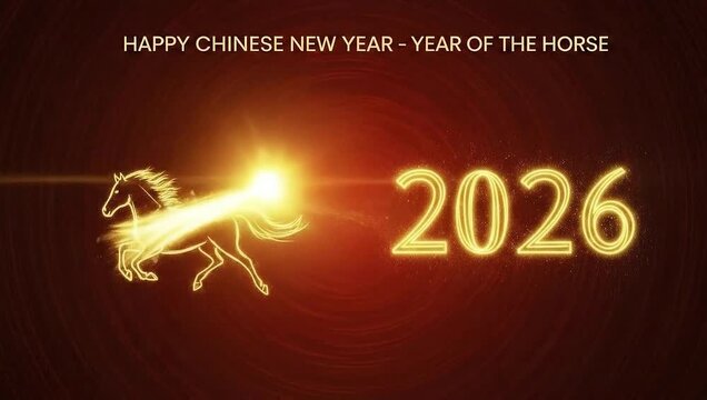 Glowing golden horse runs with sparks and light, forming 2026, chinese new year celebration with Red