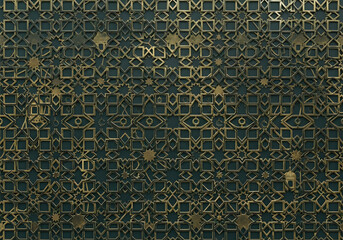 Elegant gold geometric patterns on dark green background texture